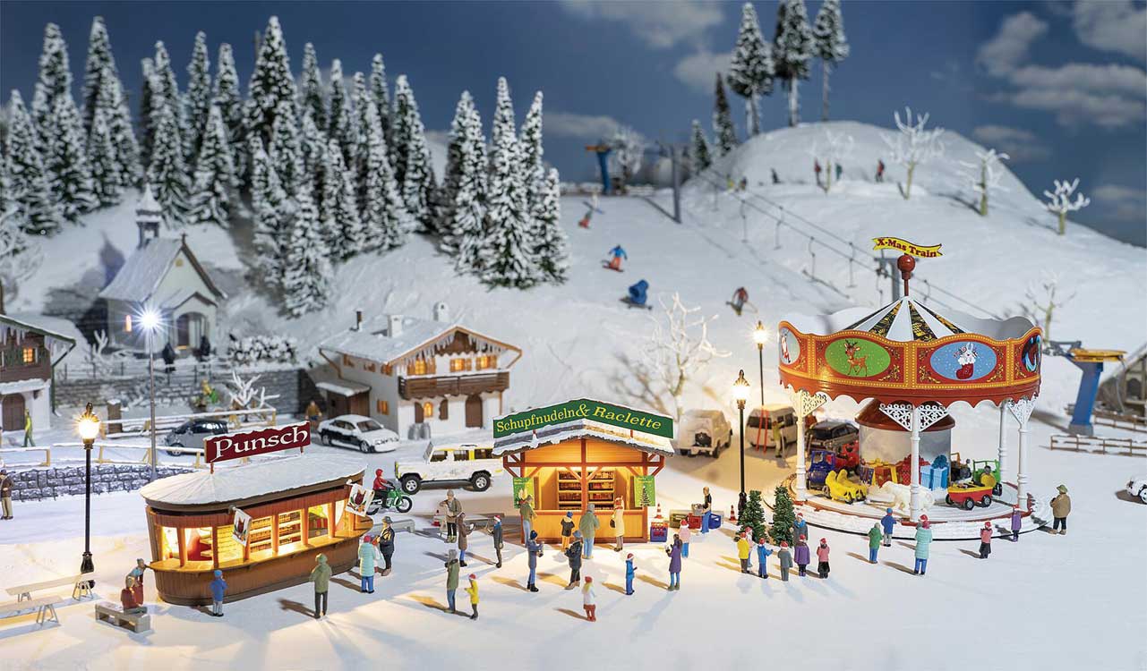 Faller 1/87 HO Scale Christmas Market Set with 2 Stalls, Carousel, Icicles, Snow Powder